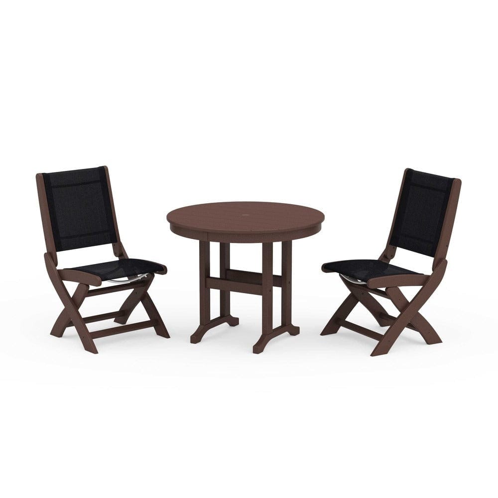 POLYWOOD® Outdoor Furniture Mahogany / Black Sling POLYWOOD® - Coastal Folding Side Chair 3-Piece Round Dining Set - PWS1329