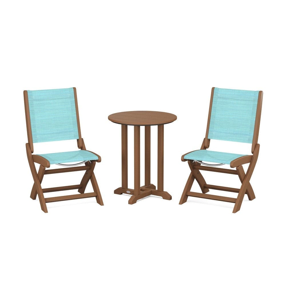 POLYWOOD® Outdoor Furniture Teak / Dupioni Aquamarine Sling POLYWOOD® - Coastal Folding Side Chair 3-Piece Round Bistro Dining Set - PWS1296