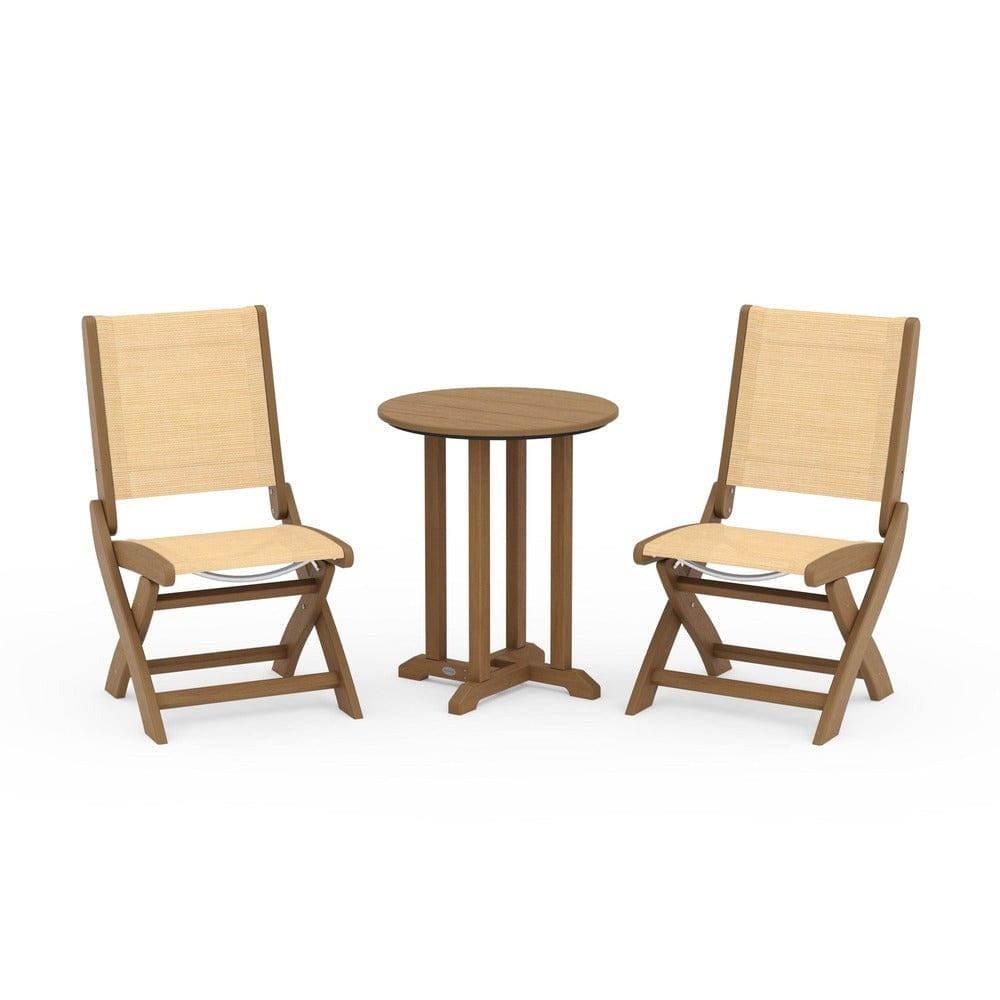POLYWOOD® Outdoor Furniture Natural / Dupioni Apricot Sling POLYWOOD® - Coastal Folding Side Chair 3-Piece Round Bistro Dining Set - PWS1296