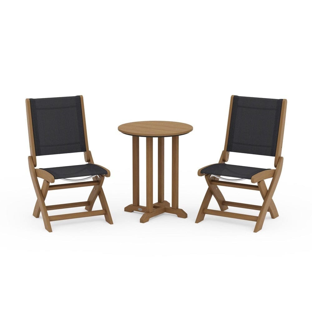POLYWOOD® Outdoor Furniture Natural / Black Sling POLYWOOD® - Coastal Folding Side Chair 3-Piece Round Bistro Dining Set - PWS1296