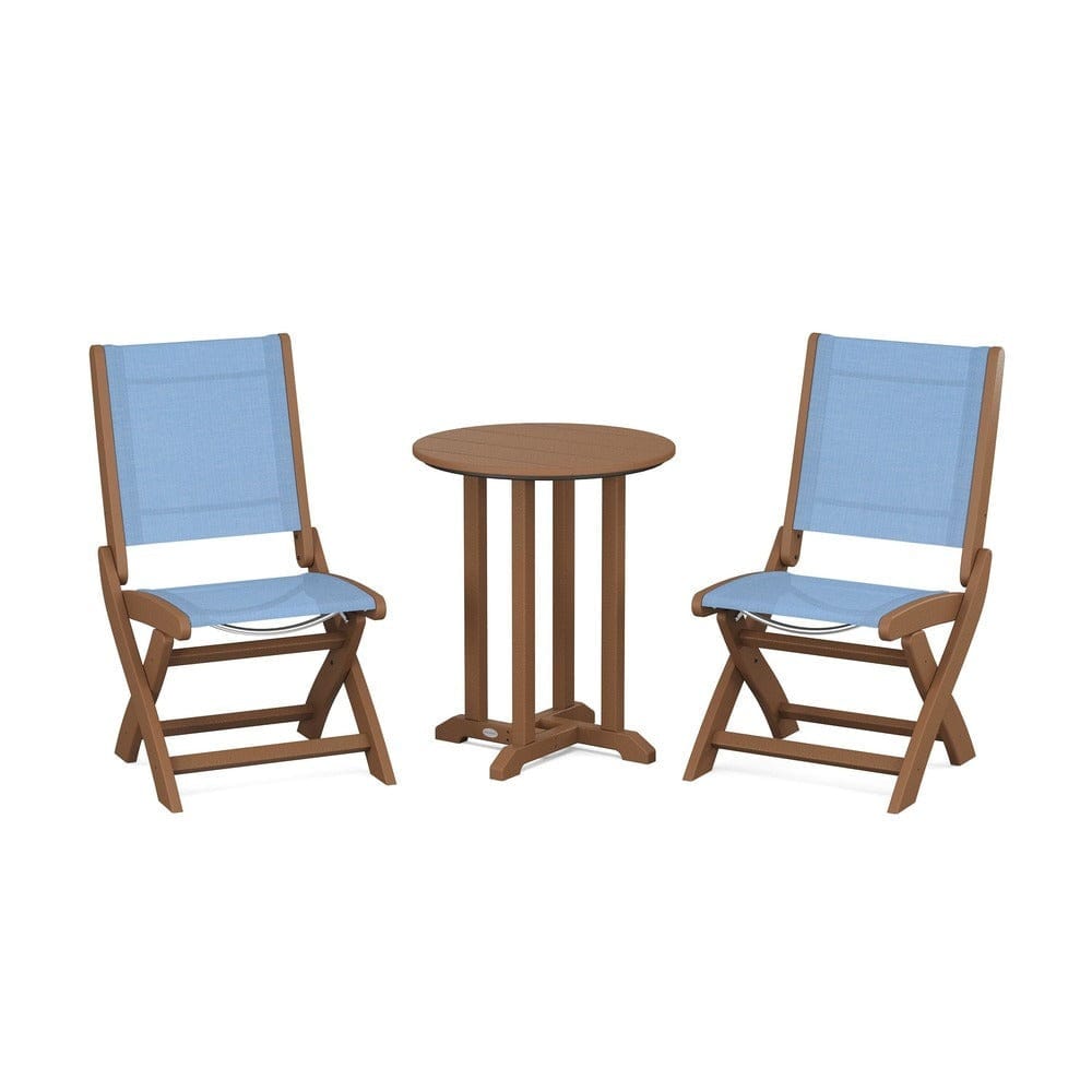 POLYWOOD® Outdoor Furniture Teak / Poolside Sling POLYWOOD® - Coastal Folding Side Chair 3-Piece Round Bistro Dining Set - PWS1296