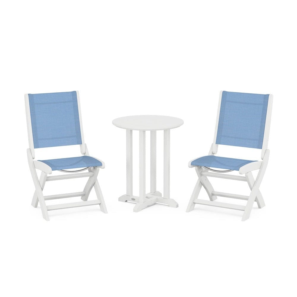 POLYWOOD® Outdoor Furniture White / Poolside Sling POLYWOOD® - Coastal Folding Side Chair 3-Piece Round Bistro Dining Set - PWS1296