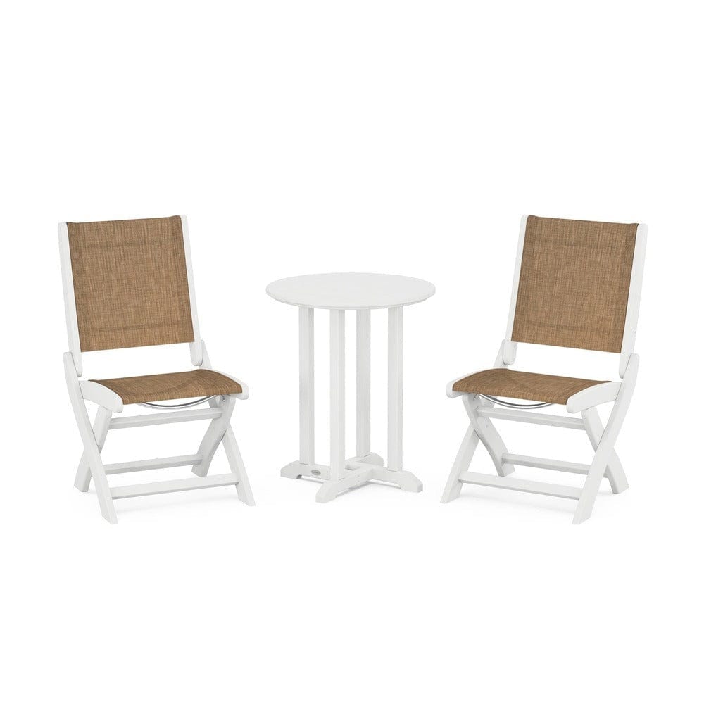 POLYWOOD® Outdoor Furniture White / Burlap Sling POLYWOOD® - Coastal Folding Side Chair 3-Piece Round Bistro Dining Set - PWS1296