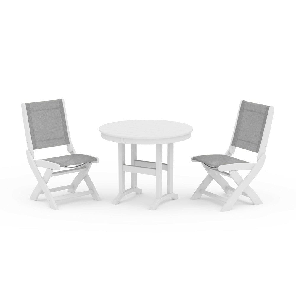 POLYWOOD® Outdoor Furniture White / Metallic Sling POLYWOOD® - Coastal Folding Side Chair 3-Piece Round Dining Set - PWS1329