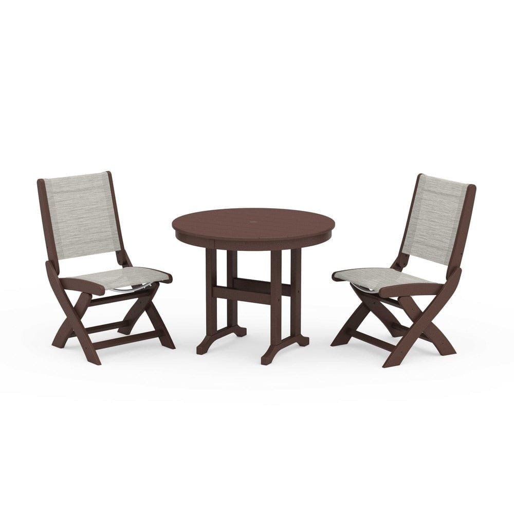 POLYWOOD® Outdoor Furniture Mahogany / Birch Sling POLYWOOD® - Coastal Folding Side Chair 3-Piece Round Dining Set - PWS1329