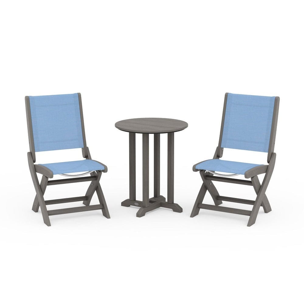 POLYWOOD® Outdoor Furniture Driftwood / Poolside Sling POLYWOOD® - Coastal Folding Side Chair 3-Piece Round Bistro Dining Set - PWS1296