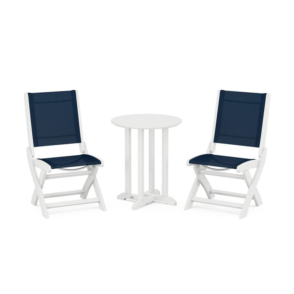 POLYWOOD® Outdoor Furniture White / Navy Blue Sling POLYWOOD® - Coastal Folding Side Chair 3-Piece Round Bistro Dining Set - PWS1296