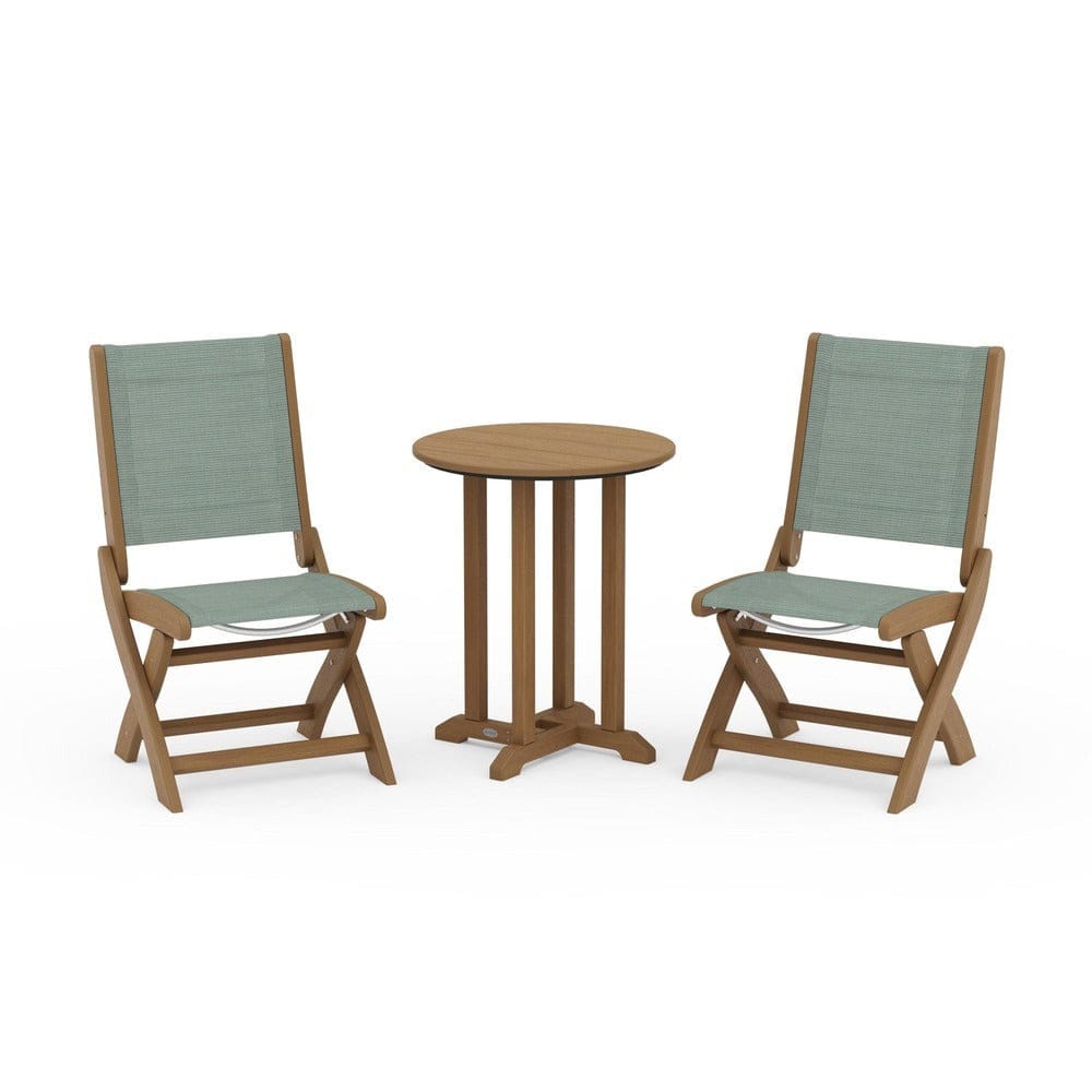 POLYWOOD® Outdoor Furniture Natural / Dupioni Sea Mist Sling POLYWOOD® - Coastal Folding Side Chair 3-Piece Round Bistro Dining Set - PWS1296