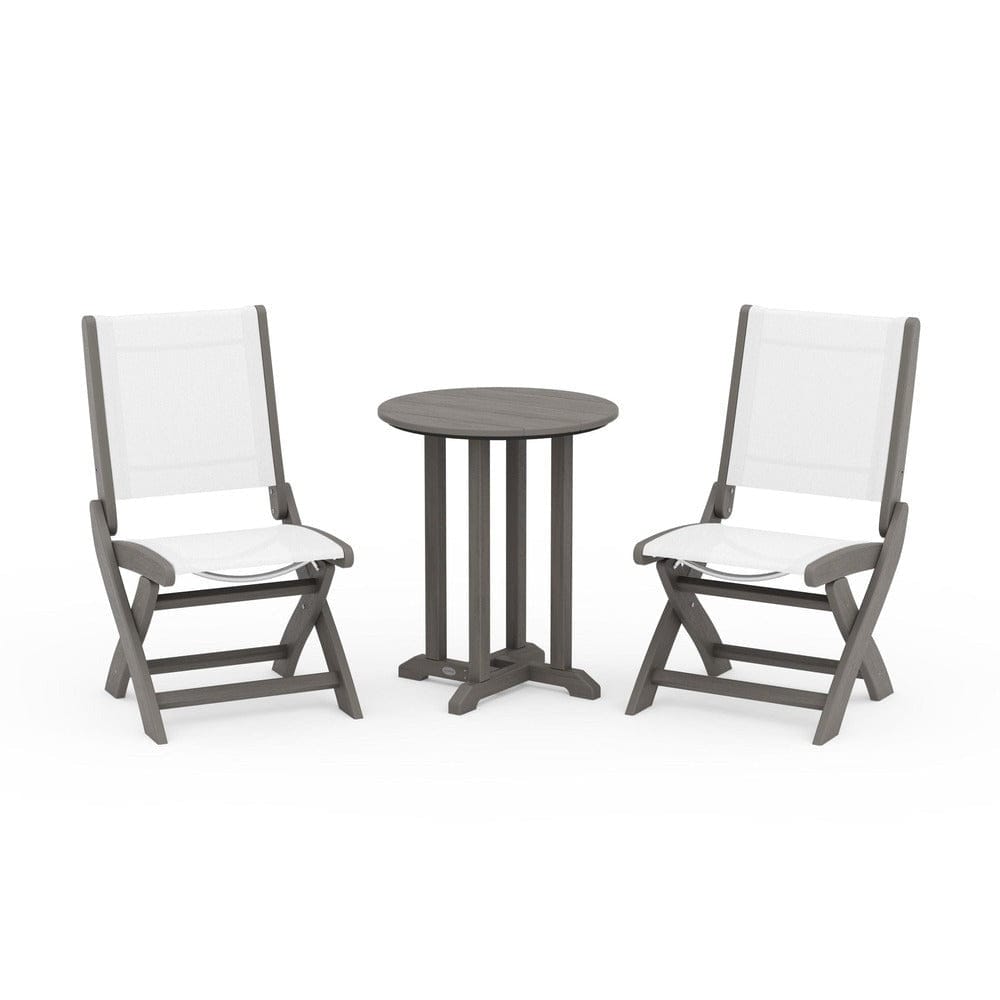 POLYWOOD® Outdoor Furniture Driftwood / White Sling POLYWOOD® - Coastal Folding Side Chair 3-Piece Round Bistro Dining Set - PWS1296