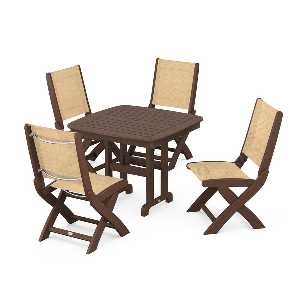 POLYWOOD® Outdoor Furniture Mahogany / Dupioni Apricot Sling POLYWOOD® - Coastal Folding Side Chair 5-Piece Dining Set - PWS1238