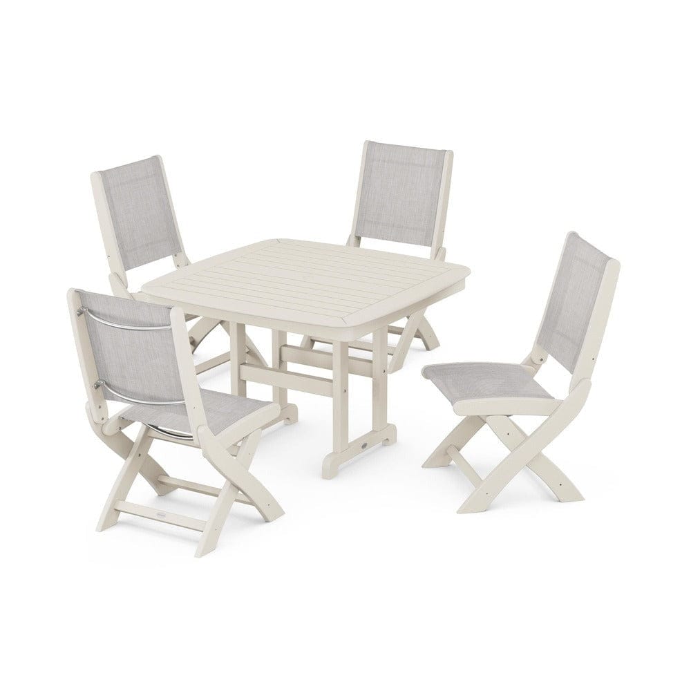 POLYWOOD® Outdoor Furniture Sand / Parchment Sling POLYWOOD® - Coastal Folding Side Chair 5-Piece Dining Set - PWS916