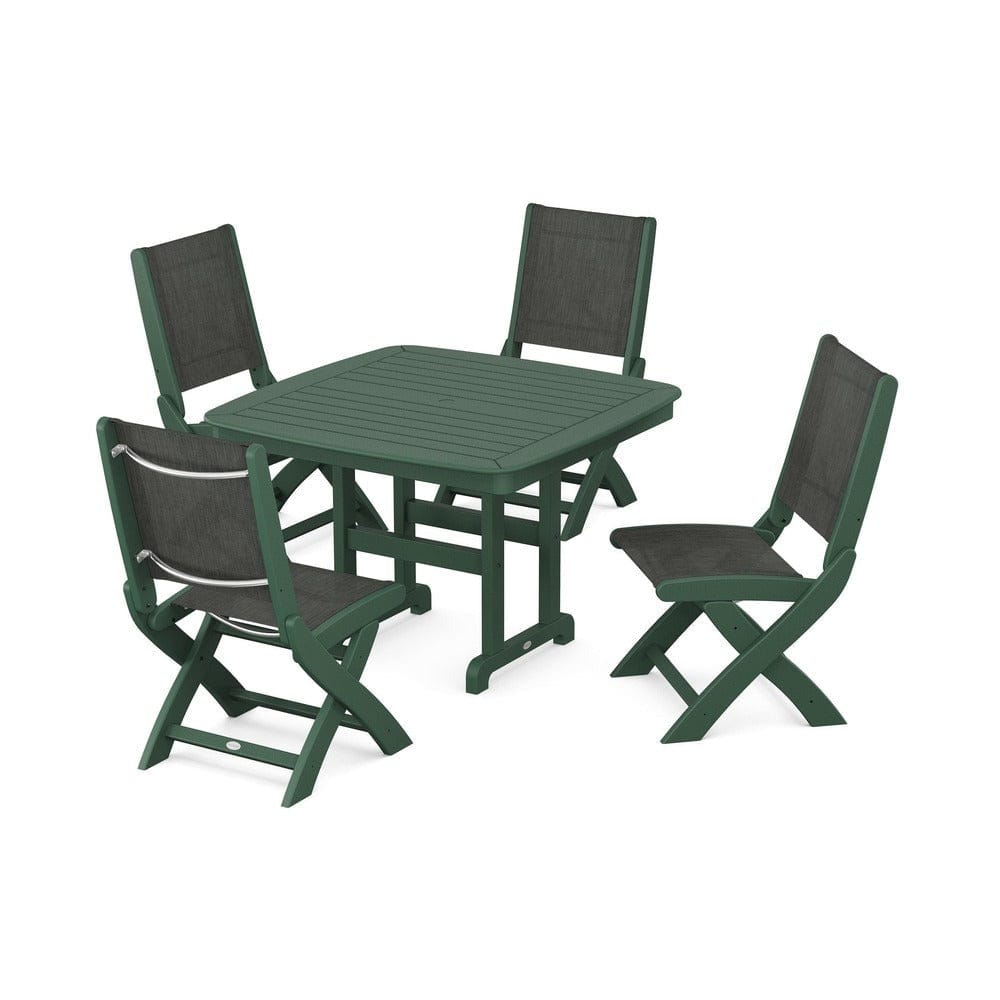POLYWOOD® Outdoor Furniture Green / Ember Sling POLYWOOD® - Coastal Folding Side Chair 5-Piece Dining Set - PWS916