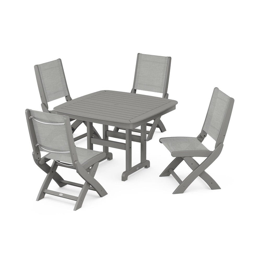 POLYWOOD® Outdoor Furniture Slate Grey / Metallic Sling POLYWOOD® - Coastal Folding Side Chair 5-Piece Dining Set - PWS916