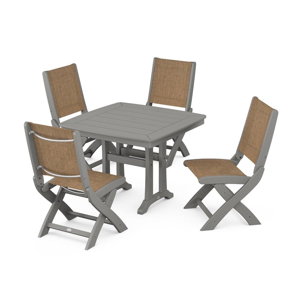 POLYWOOD® Outdoor Furniture Slate Grey / Burlap Sling POLYWOOD® - Coastal Folding Side Chair 5-Piece Dining Set with Trestle Legs - PWS968