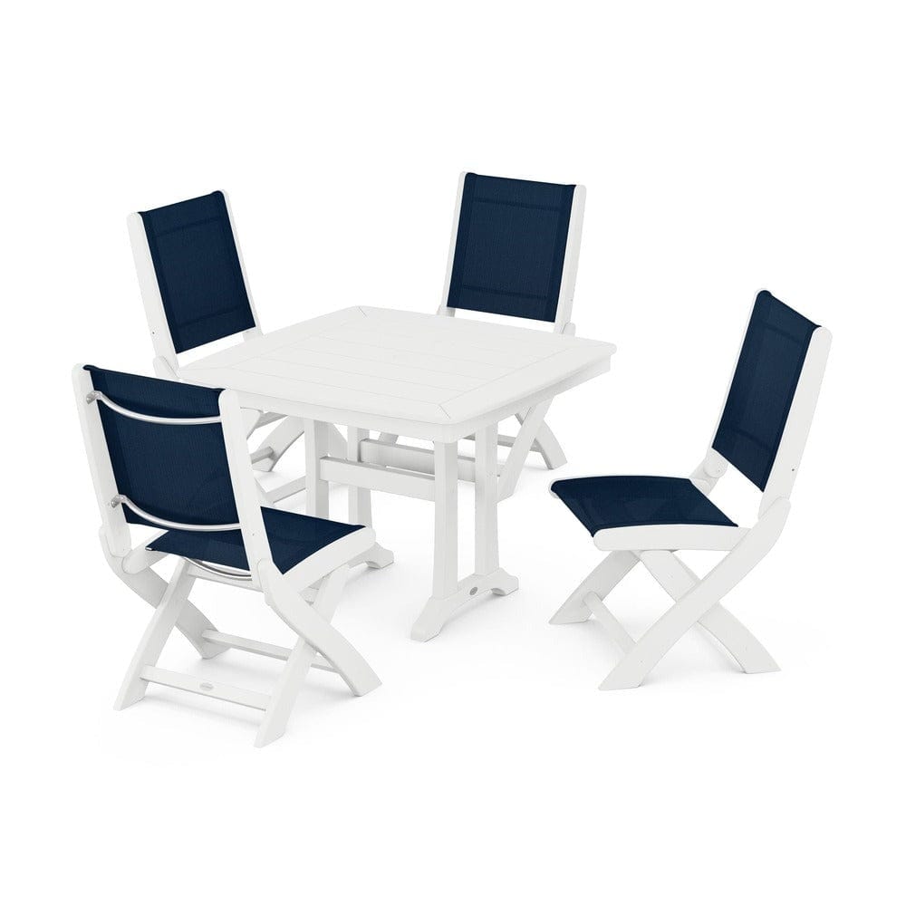 POLYWOOD® Outdoor Furniture White / Navy Blue Sling POLYWOOD® - Coastal Folding Side Chair 5-Piece Dining Set with Trestle Legs - PWS968
