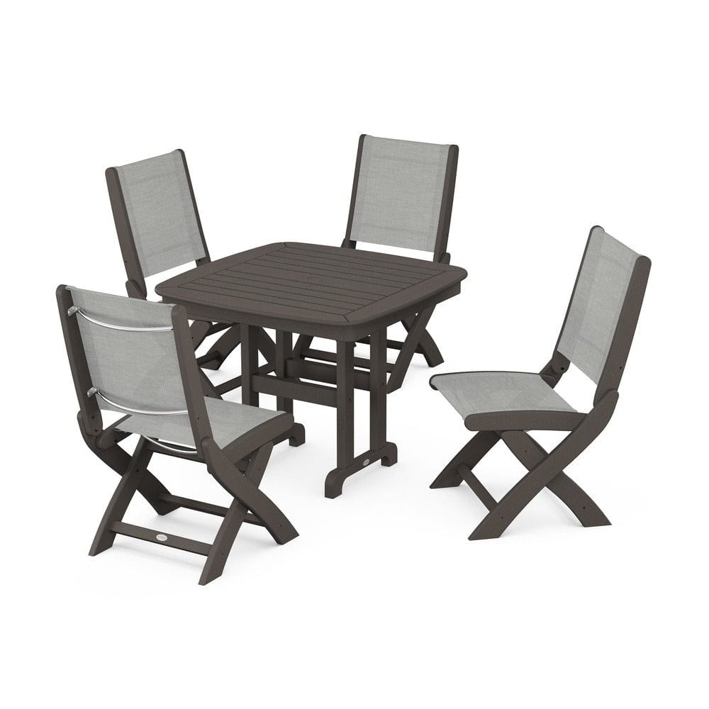 POLYWOOD® Outdoor Furniture Vintage Coffee / Metallic Sling POLYWOOD® - Coastal Folding Side Chair 5-Piece Dining Set - PWS1238