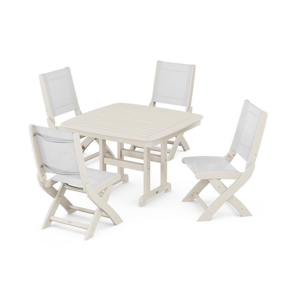 POLYWOOD® Outdoor Furniture Sand / White Sling POLYWOOD® - Coastal Folding Side Chair 5-Piece Dining Set - PWS916