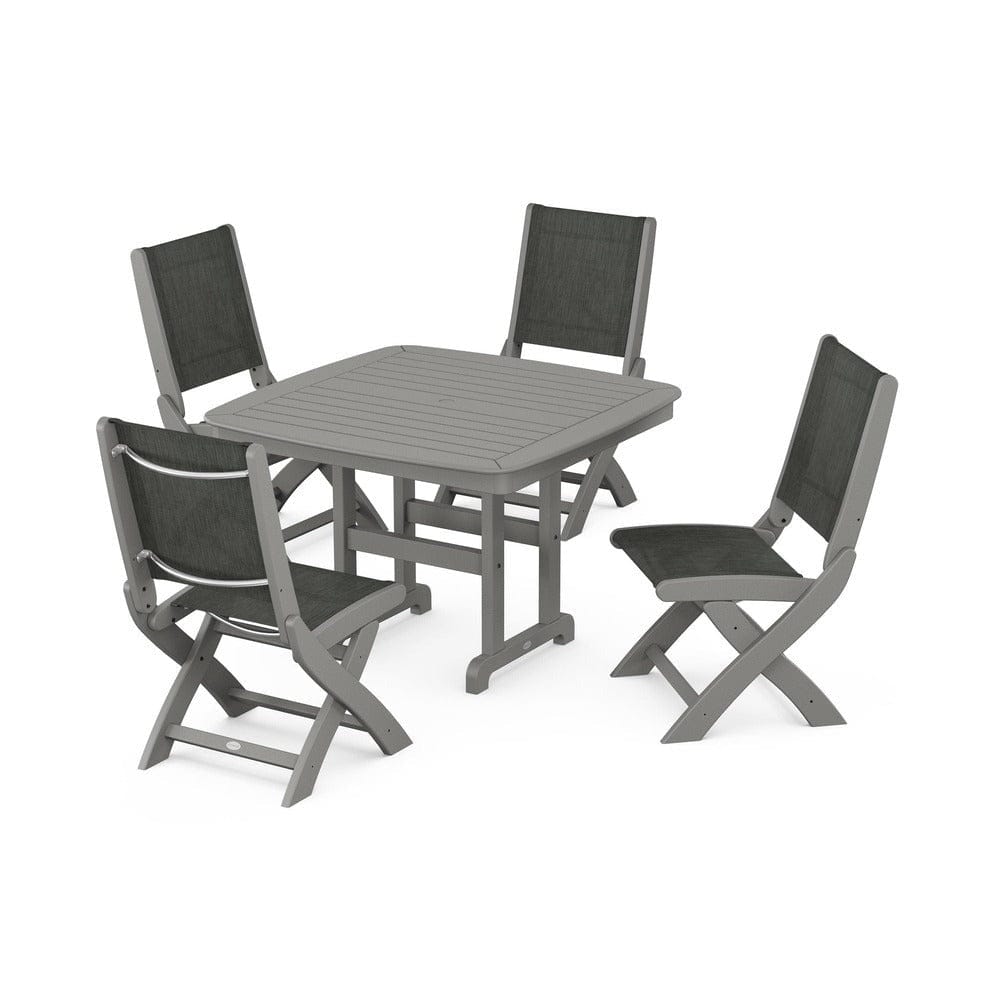 POLYWOOD® Outdoor Furniture Slate Grey / Ember Sling POLYWOOD® - Coastal Folding Side Chair 5-Piece Dining Set - PWS916
