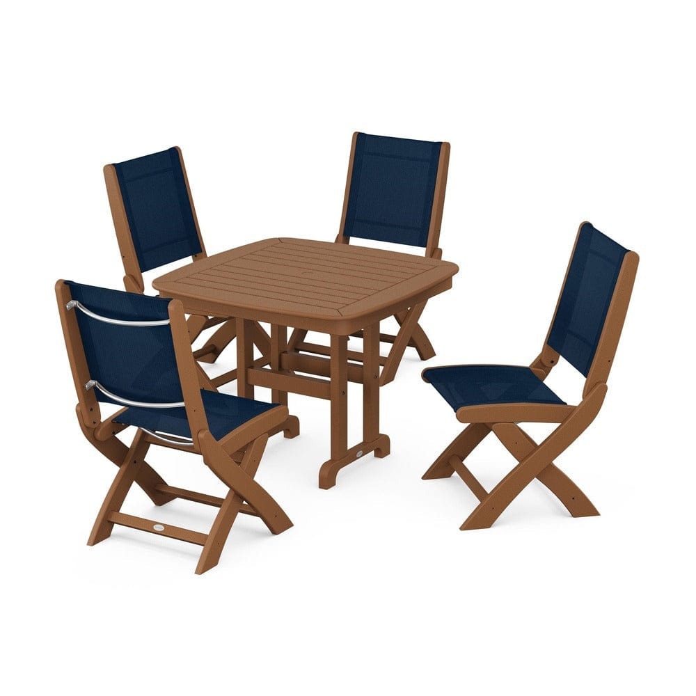 POLYWOOD® Outdoor Furniture Teak / Navy Blue Sling POLYWOOD® - Coastal Folding Side Chair 5-Piece Dining Set - PWS1238