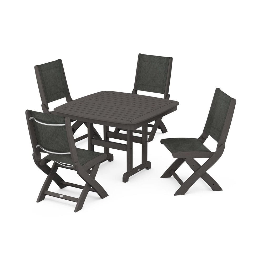 POLYWOOD® Outdoor Furniture Vintage Coffee / Ember Sling POLYWOOD® - Coastal Folding Side Chair 5-Piece Dining Set - PWS916