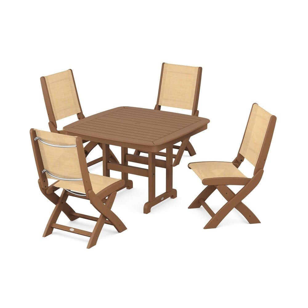 POLYWOOD® Outdoor Furniture Teak / Dupioni Apricot Sling POLYWOOD® - Coastal Folding Side Chair 5-Piece Dining Set - PWS916