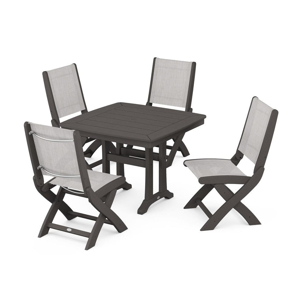 POLYWOOD® Outdoor Furniture Vintage Coffee / Parchment Sling POLYWOOD® - Coastal Folding Side Chair 5-Piece Dining Set with Trestle Legs - PWS968