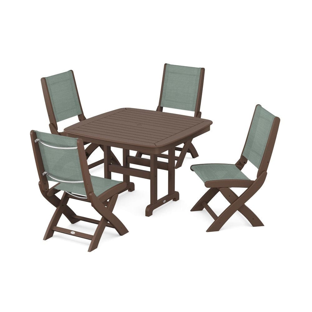 POLYWOOD® Outdoor Furniture Mahogany / Dupioni Sea Mist Sling POLYWOOD® - Coastal Folding Side Chair 5-Piece Dining Set - PWS916