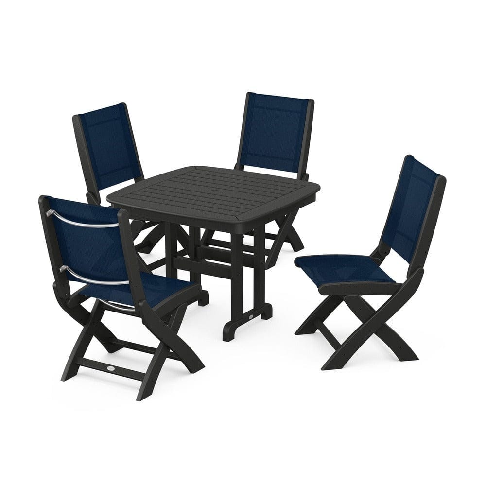 POLYWOOD® Outdoor Furniture Black / Navy Blue Sling POLYWOOD® - Coastal Folding Side Chair 5-Piece Dining Set - PWS1238