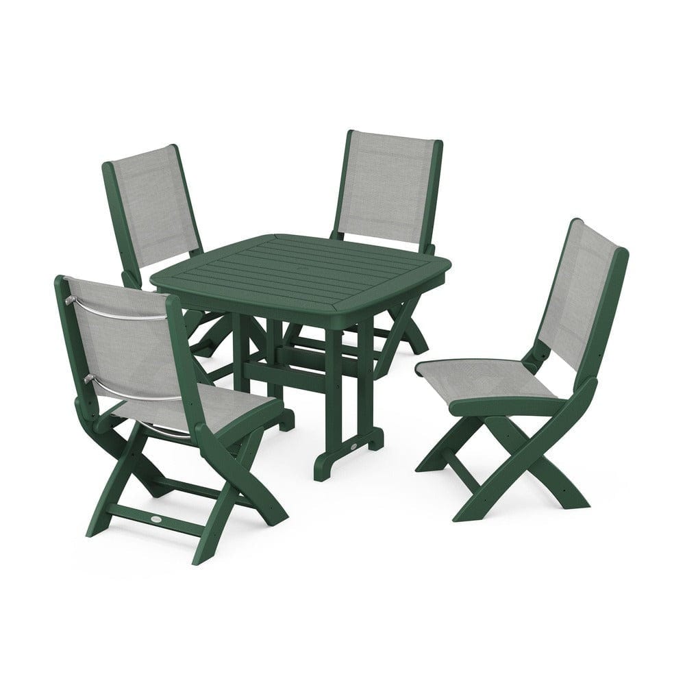 POLYWOOD® Outdoor Furniture Green / Metallic Sling POLYWOOD® - Coastal Folding Side Chair 5-Piece Dining Set - PWS1238