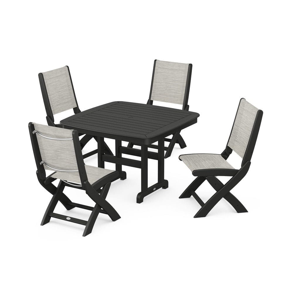POLYWOOD® Outdoor Furniture Black / Birch Sling POLYWOOD® - Coastal Folding Side Chair 5-Piece Dining Set - PWS916