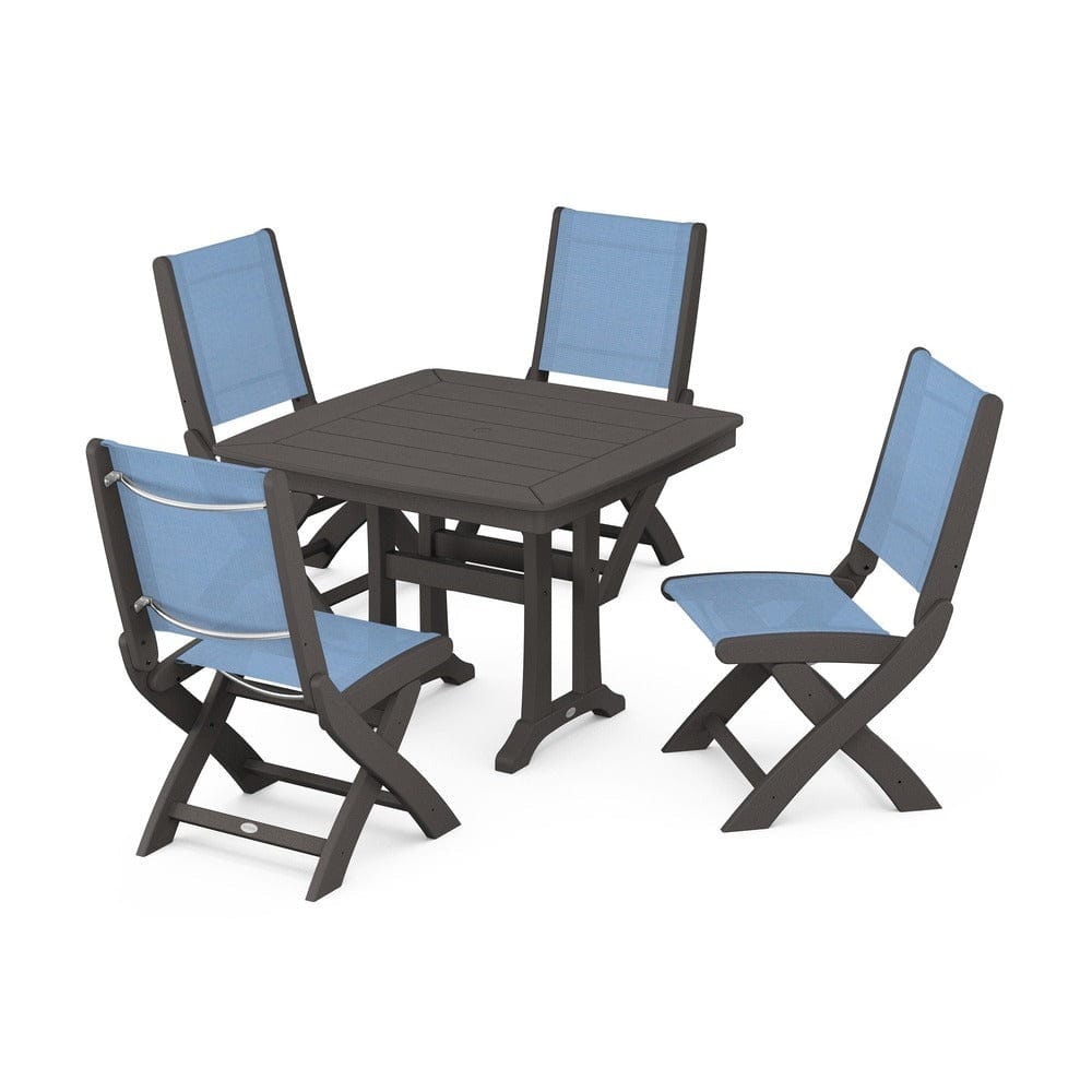 POLYWOOD® Outdoor Furniture Vintage Coffee / Poolside Sling POLYWOOD® - Coastal Folding Side Chair 5-Piece Dining Set with Trestle Legs - PWS968