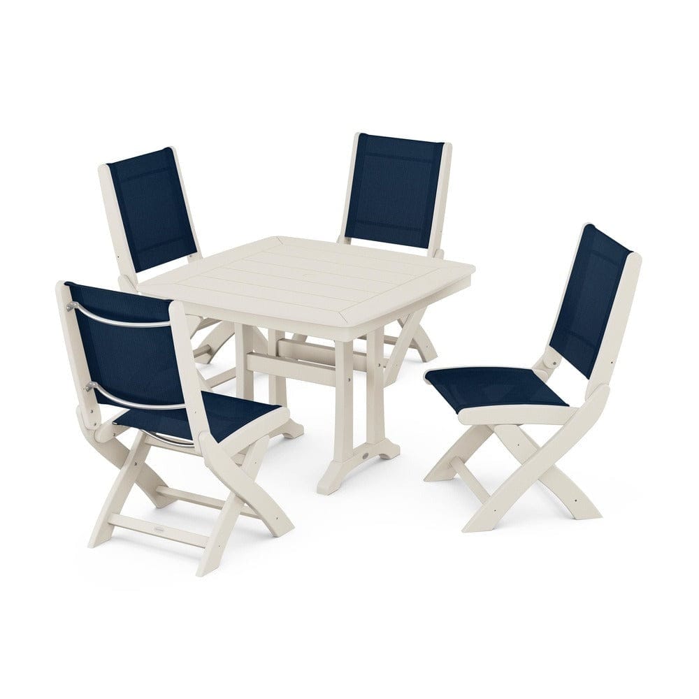 POLYWOOD® Outdoor Furniture Sand / Navy Blue Sling POLYWOOD® - Coastal Folding Side Chair 5-Piece Dining Set with Trestle Legs - PWS968