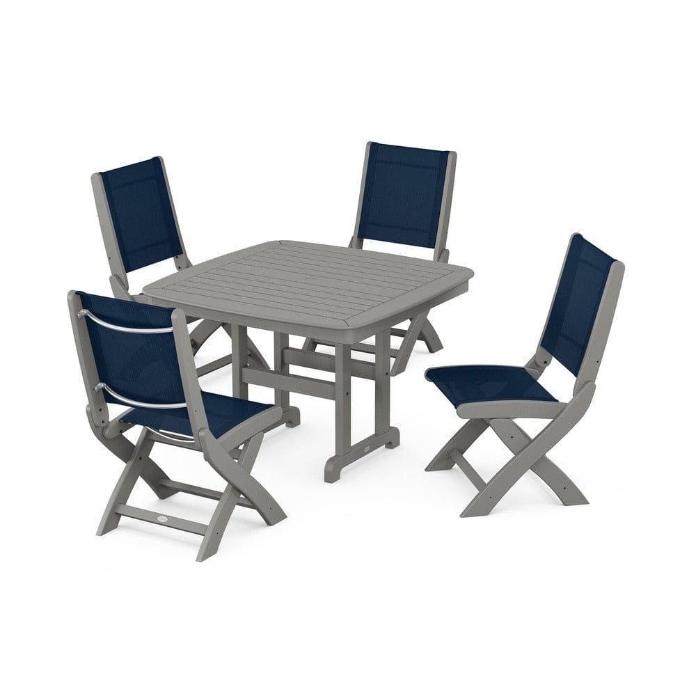 POLYWOOD® Outdoor Furniture Slate Grey / Navy Blue Sling POLYWOOD® - Coastal Folding Side Chair 5-Piece Dining Set - PWS916