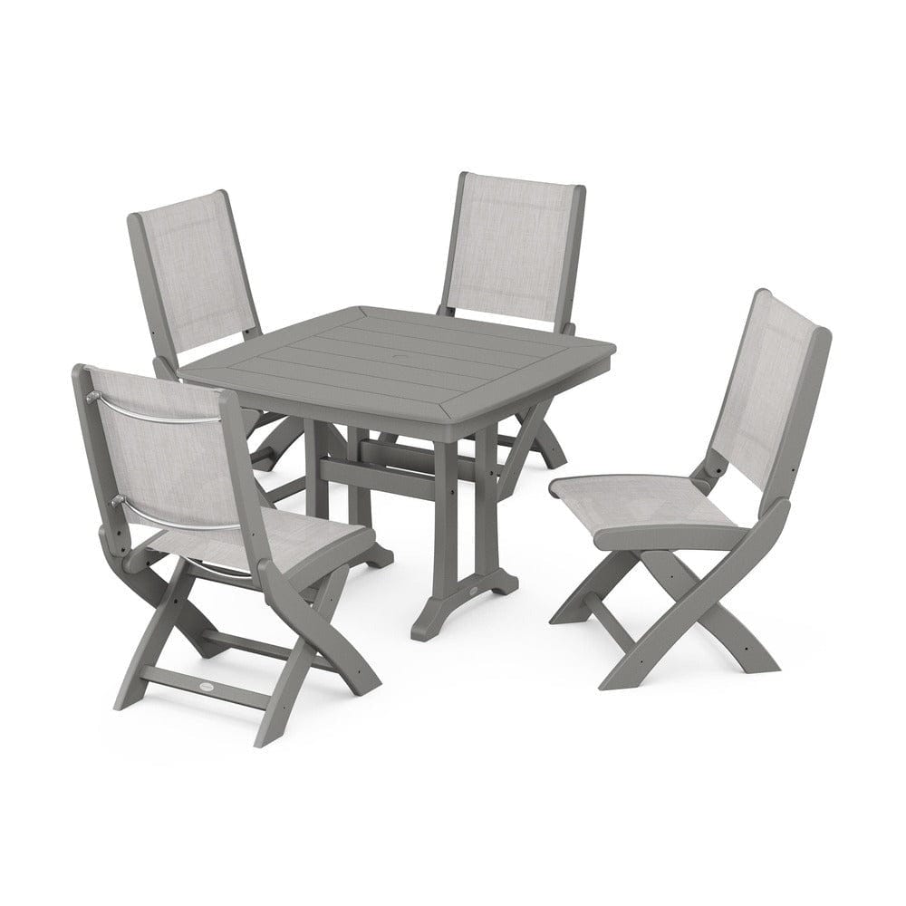 POLYWOOD® Outdoor Furniture Slate Grey / Parchment Sling POLYWOOD® - Coastal Folding Side Chair 5-Piece Dining Set with Trestle Legs - PWS968