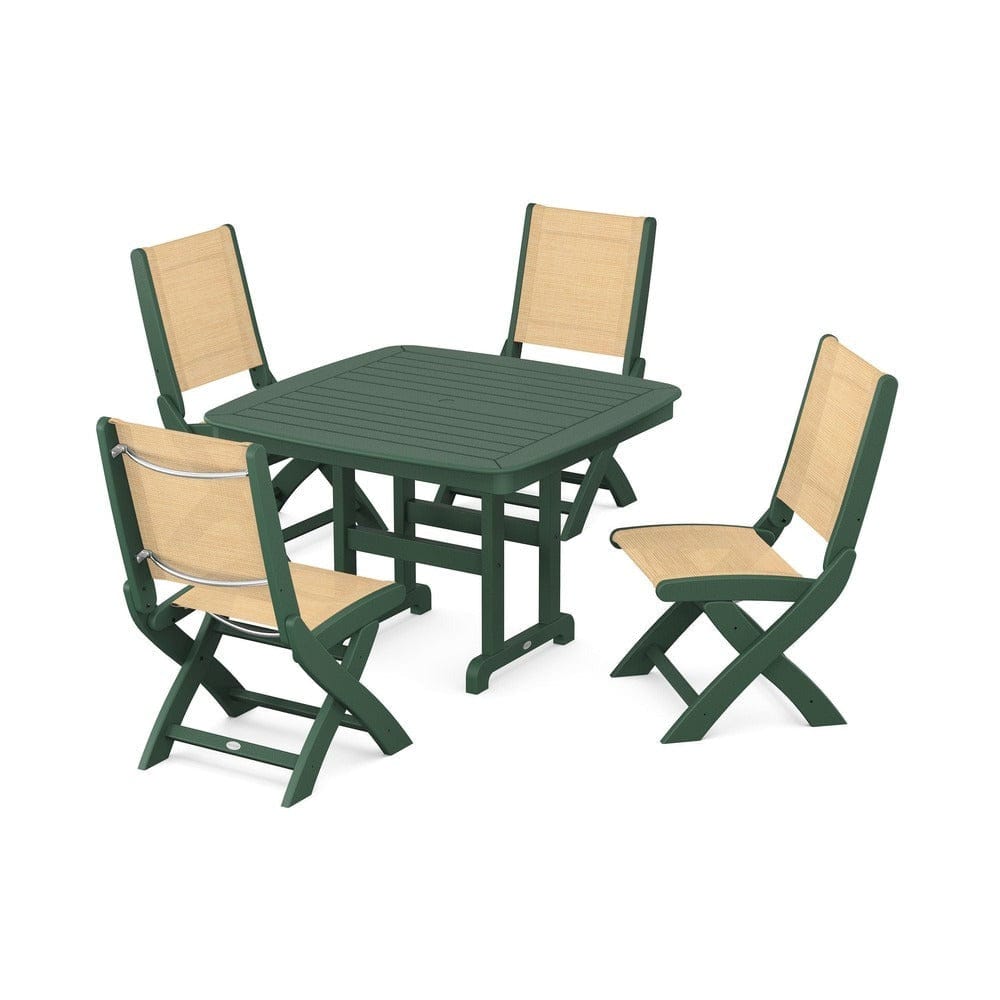 POLYWOOD® Outdoor Furniture Green / Dupioni Apricot Sling POLYWOOD® - Coastal Folding Side Chair 5-Piece Dining Set - PWS916