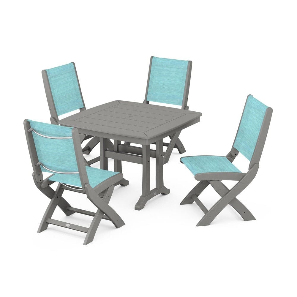 POLYWOOD® Outdoor Furniture Slate Grey / Dupioni Aquamarine Sling POLYWOOD® - Coastal Folding Side Chair 5-Piece Dining Set with Trestle Legs - PWS968