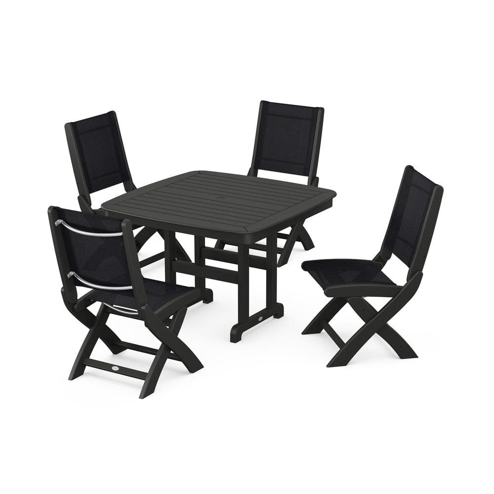 POLYWOOD® Outdoor Furniture Black / Black Sling POLYWOOD® - Coastal Folding Side Chair 5-Piece Dining Set - PWS916