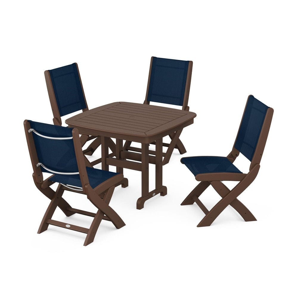 POLYWOOD® Outdoor Furniture Mahogany / Navy Blue Sling POLYWOOD® - Coastal Folding Side Chair 5-Piece Dining Set - PWS1238