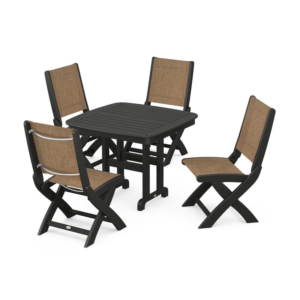 POLYWOOD® Outdoor Furniture Black / Burlap Sling POLYWOOD® - Coastal Folding Side Chair 5-Piece Dining Set - PWS1238
