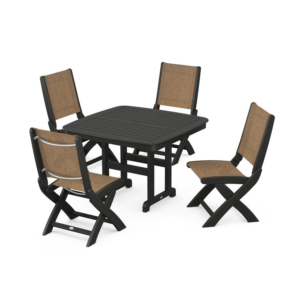 POLYWOOD® Outdoor Furniture Black / Burlap Sling POLYWOOD® - Coastal Folding Side Chair 5-Piece Dining Set - PWS916