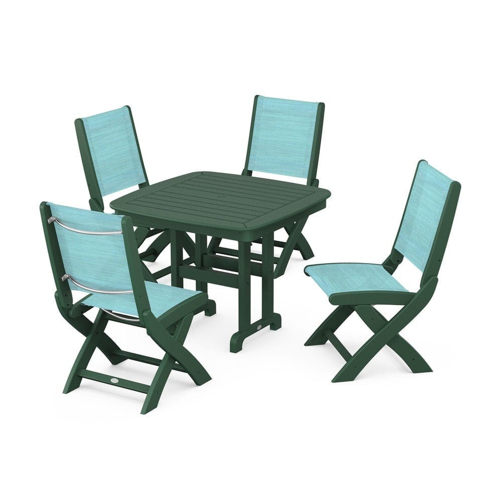 POLYWOOD® Outdoor Furniture Green / Dupioni Aquamarine Sling POLYWOOD® - Coastal Folding Side Chair 5-Piece Dining Set - PWS1238