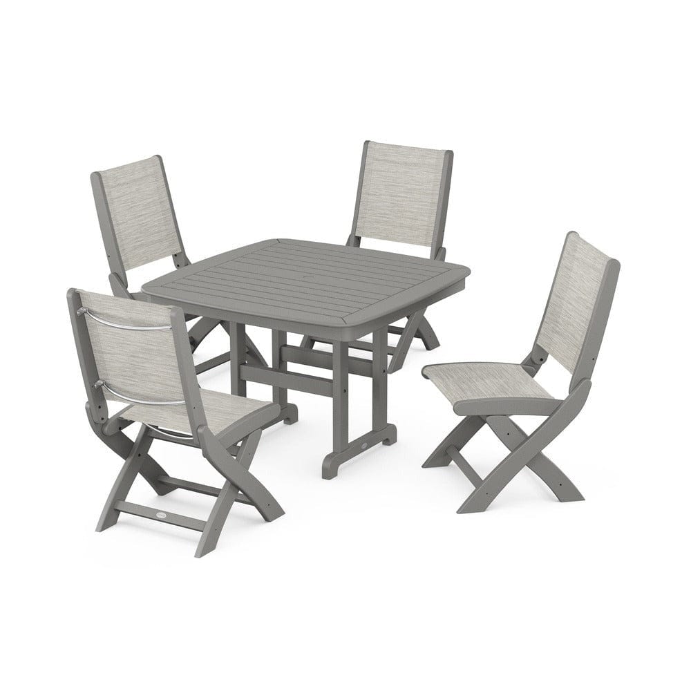 POLYWOOD® Outdoor Furniture Slate Grey / Birch Sling POLYWOOD® - Coastal Folding Side Chair 5-Piece Dining Set - PWS916