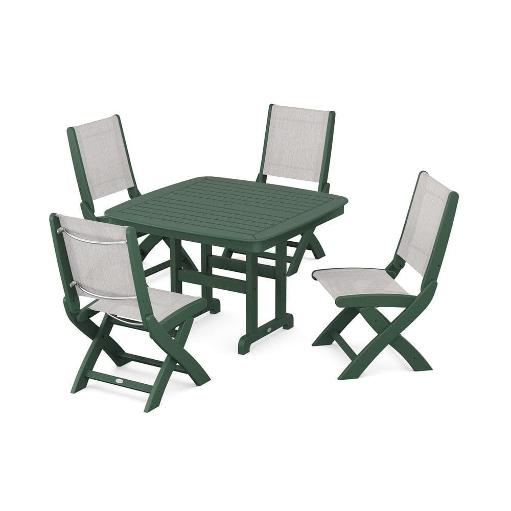 POLYWOOD® Outdoor Furniture Green / Parchment Sling POLYWOOD® - Coastal Folding Side Chair 5-Piece Dining Set - PWS916