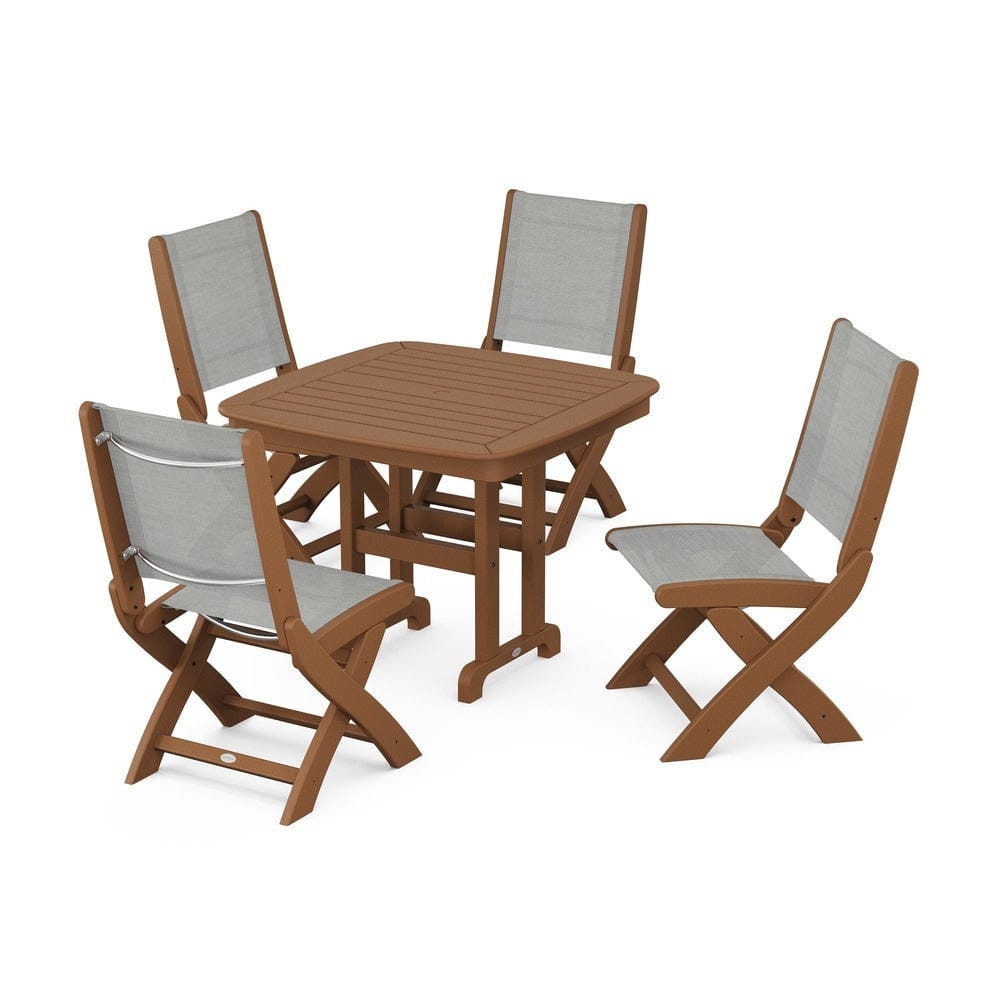 POLYWOOD® Outdoor Furniture Teak / Metallic Sling POLYWOOD® - Coastal Folding Side Chair 5-Piece Dining Set - PWS1238