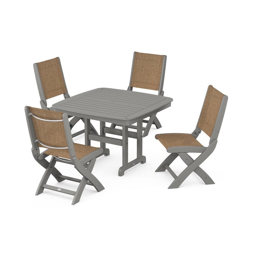 POLYWOOD® Outdoor Furniture Slate Grey / Burlap Sling POLYWOOD® - Coastal Folding Side Chair 5-Piece Dining Set - PWS916