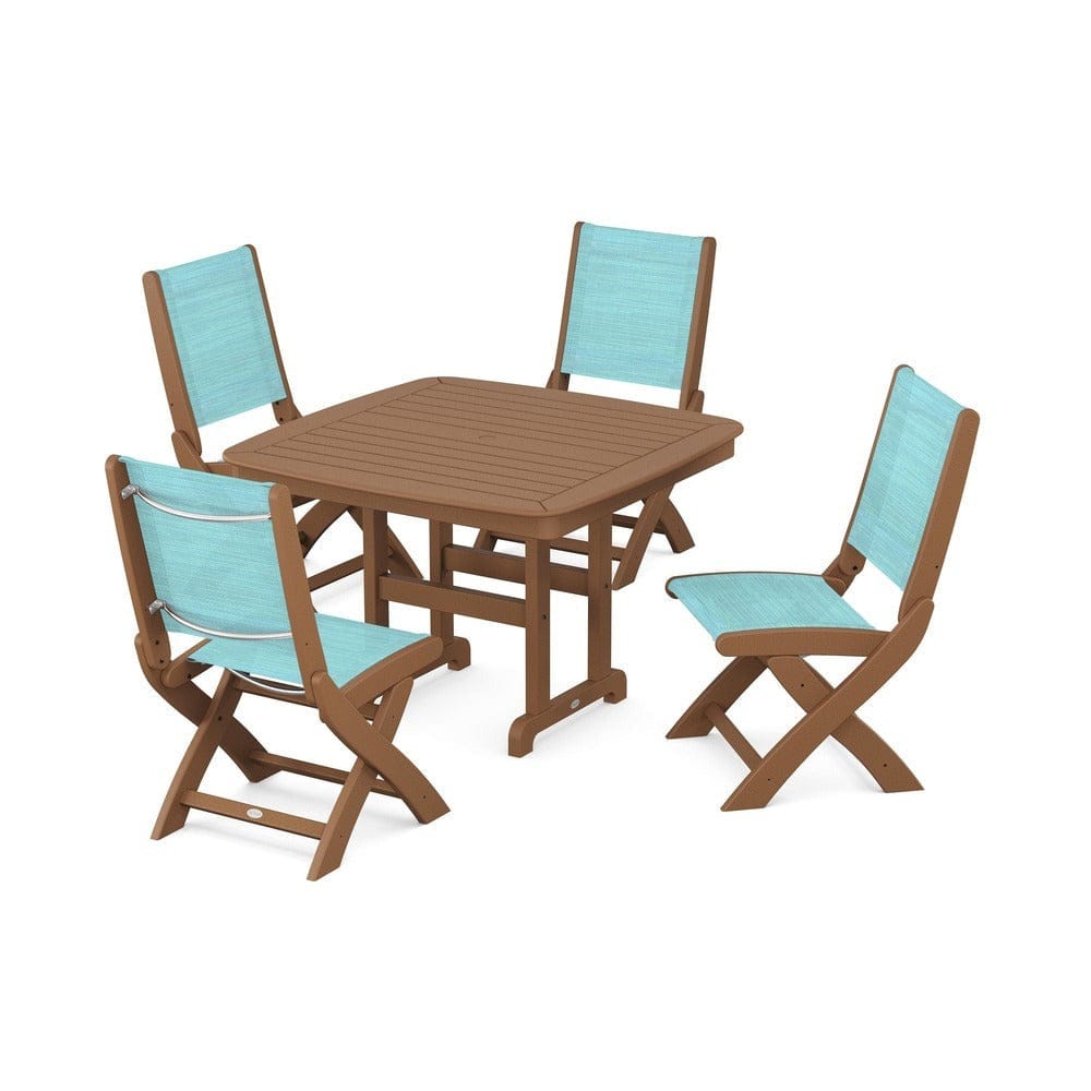 POLYWOOD® Outdoor Furniture Teak / Dupioni Aquamarine Sling POLYWOOD® - Coastal Folding Side Chair 5-Piece Dining Set - PWS916