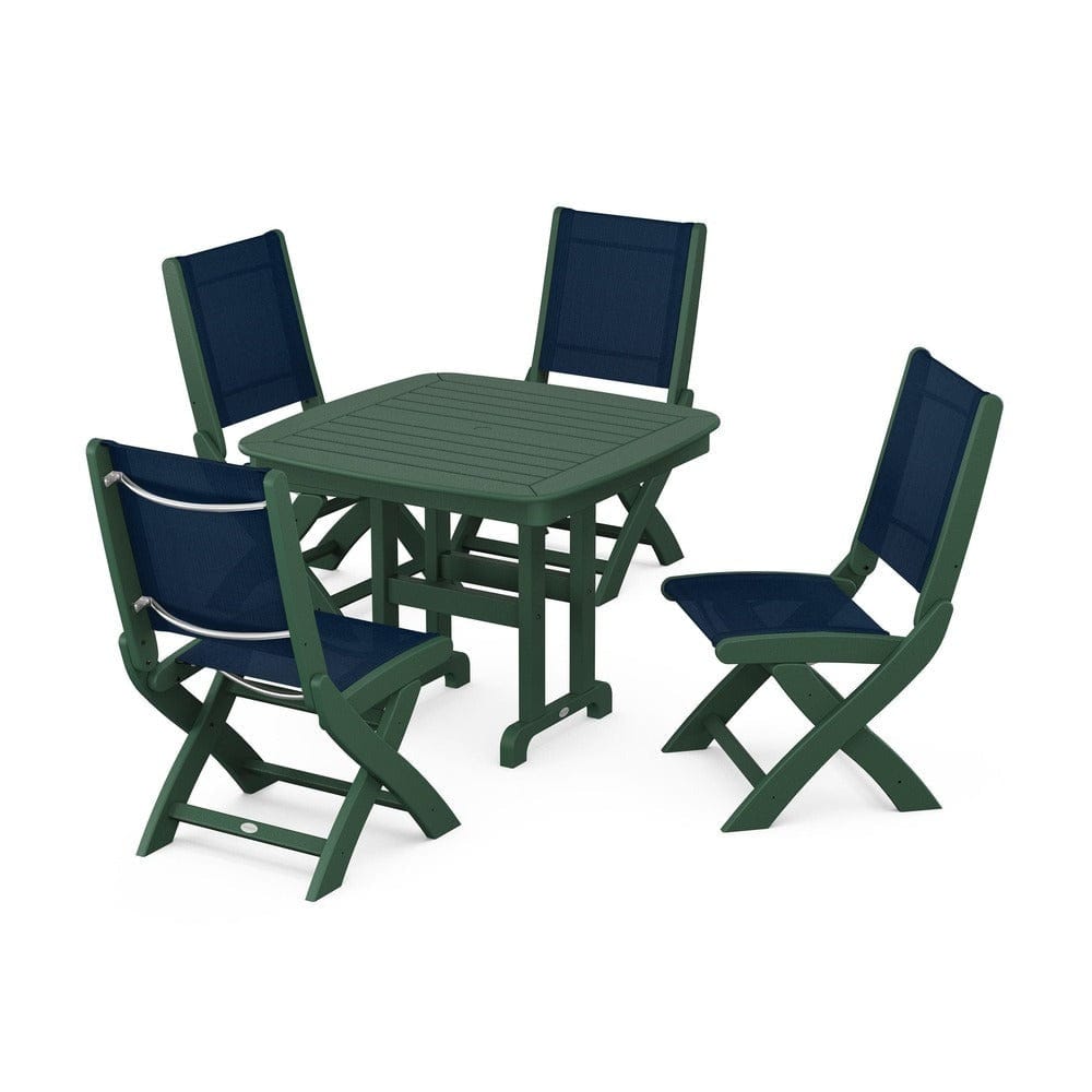 POLYWOOD® Outdoor Furniture Green / Navy Blue Sling POLYWOOD® - Coastal Folding Side Chair 5-Piece Dining Set - PWS1238