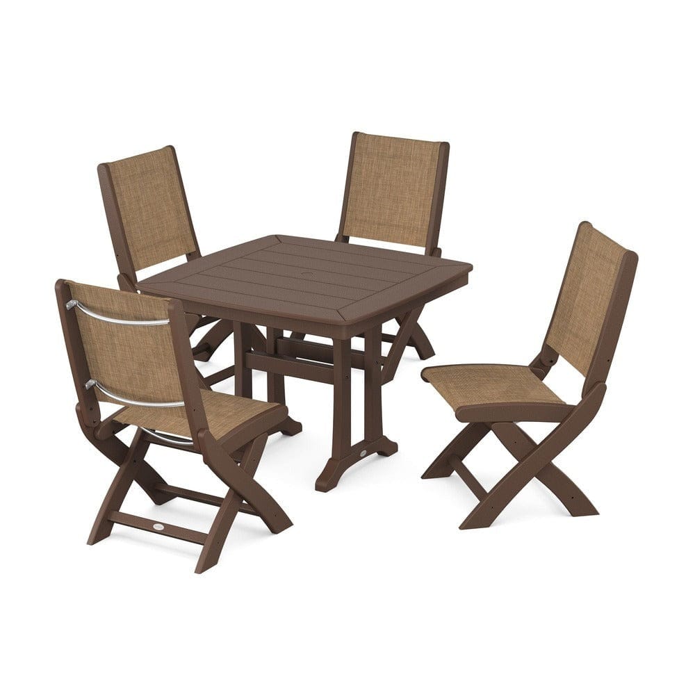 POLYWOOD® Outdoor Furniture Mahogany / Burlap Sling POLYWOOD® - Coastal Folding Side Chair 5-Piece Dining Set with Trestle Legs - PWS968