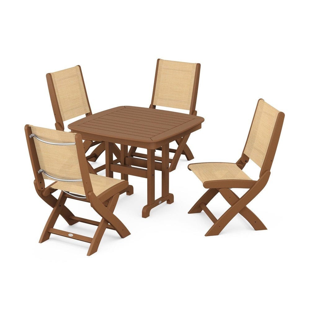 POLYWOOD® Outdoor Furniture Teak / Dupioni Apricot Sling POLYWOOD® - Coastal Folding Side Chair 5-Piece Dining Set - PWS1238