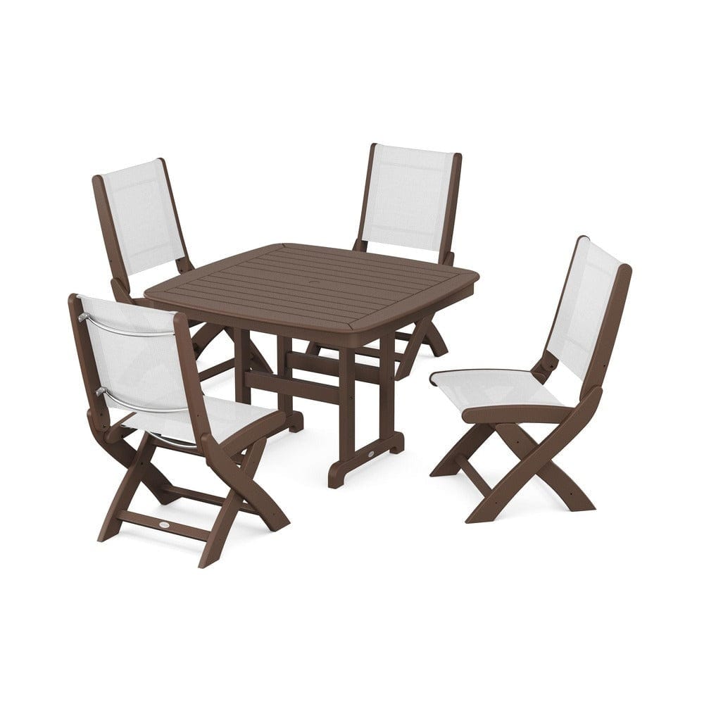 POLYWOOD® Outdoor Furniture Mahogany / White Sling POLYWOOD® - Coastal Folding Side Chair 5-Piece Dining Set - PWS916
